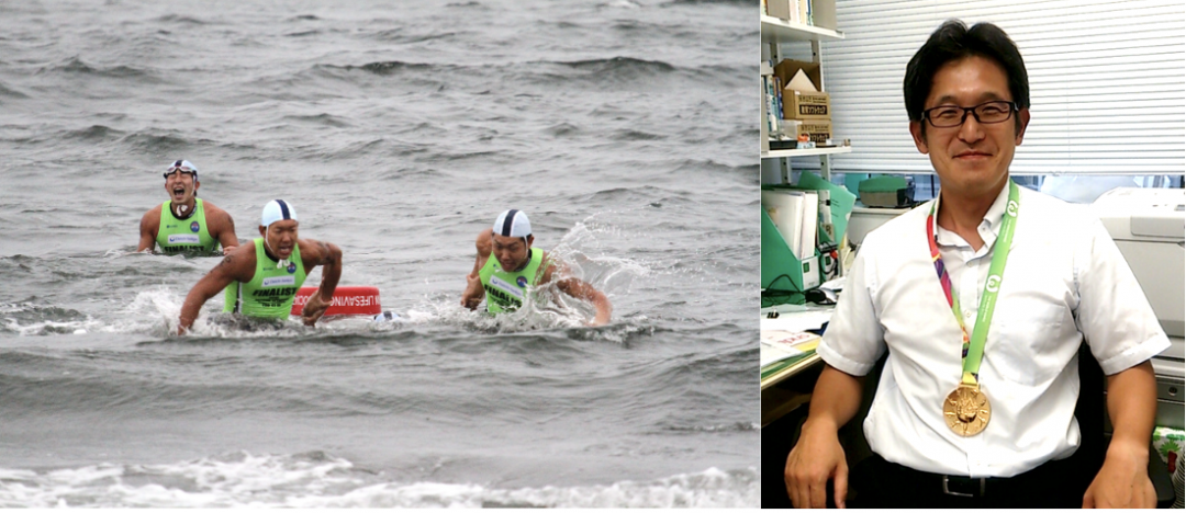 左写真:日本体育大学ライフセービング部部員の大会様子
右写真:ライフセービングの世界大会「第10回ワールドゲームズ」で教え子が獲得した金メダル